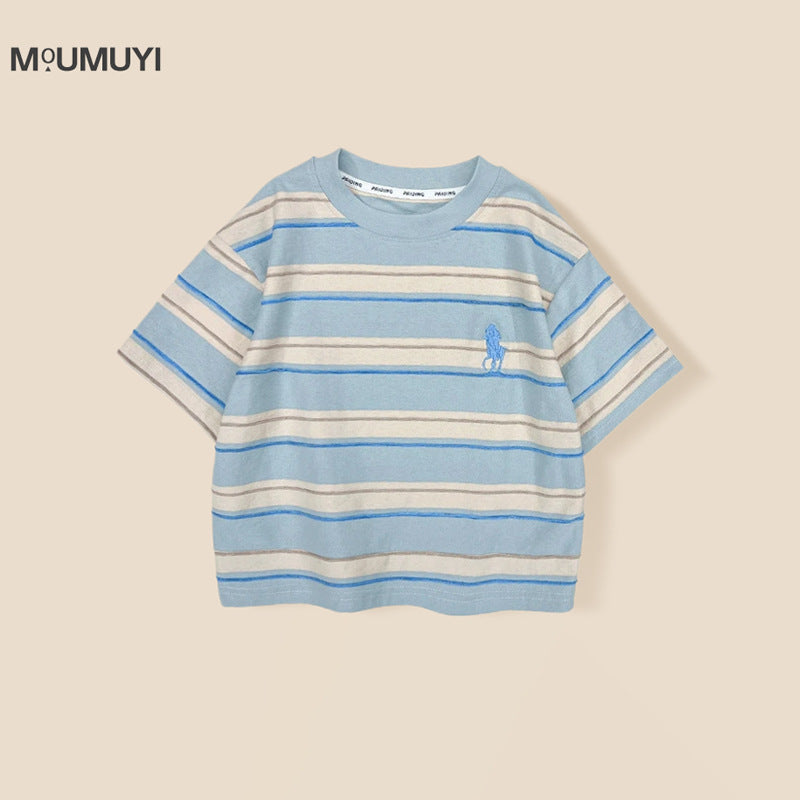 Children's Collar For Boys Contrast Color Wide Striped Embroidered Children's T-shirt