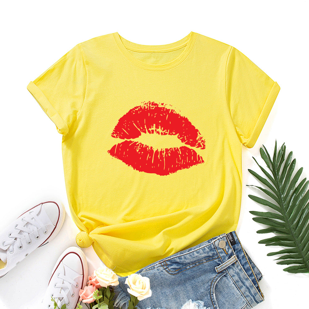 Women's Lip Printings Loose Round Neck Sleeve Women's T-shirt