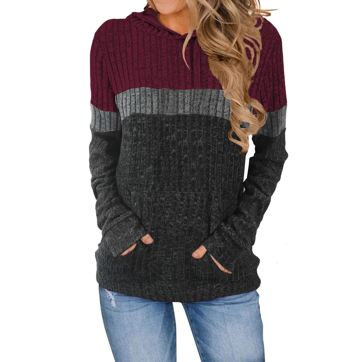 Women's Casual Contrast Color Pocket Stitching Hooded Large Size T-shirt