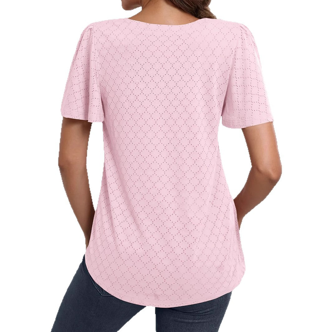 Women's Summer Solid Color Pullover Pleated Jacquard Fashion Women's T-shirt