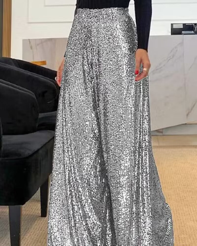 Elegant Commuter Everyday Style Solid Color Shiner Wide Leg Casual Pants