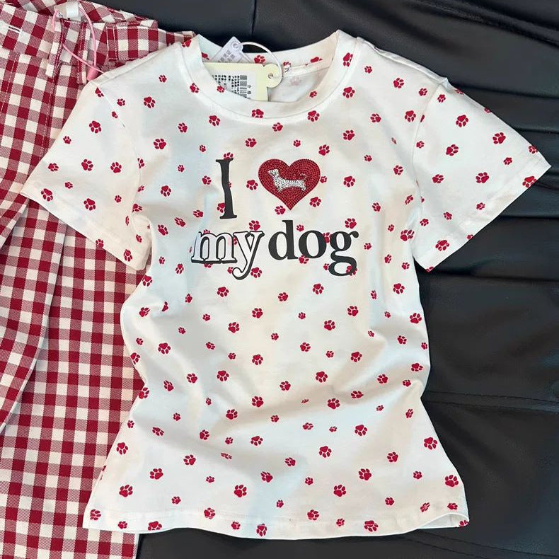 Children's Summer Love Rhinestone Dog's Paw Full Printed Short-sleeved Bottoming Shirt Children's T-shirt