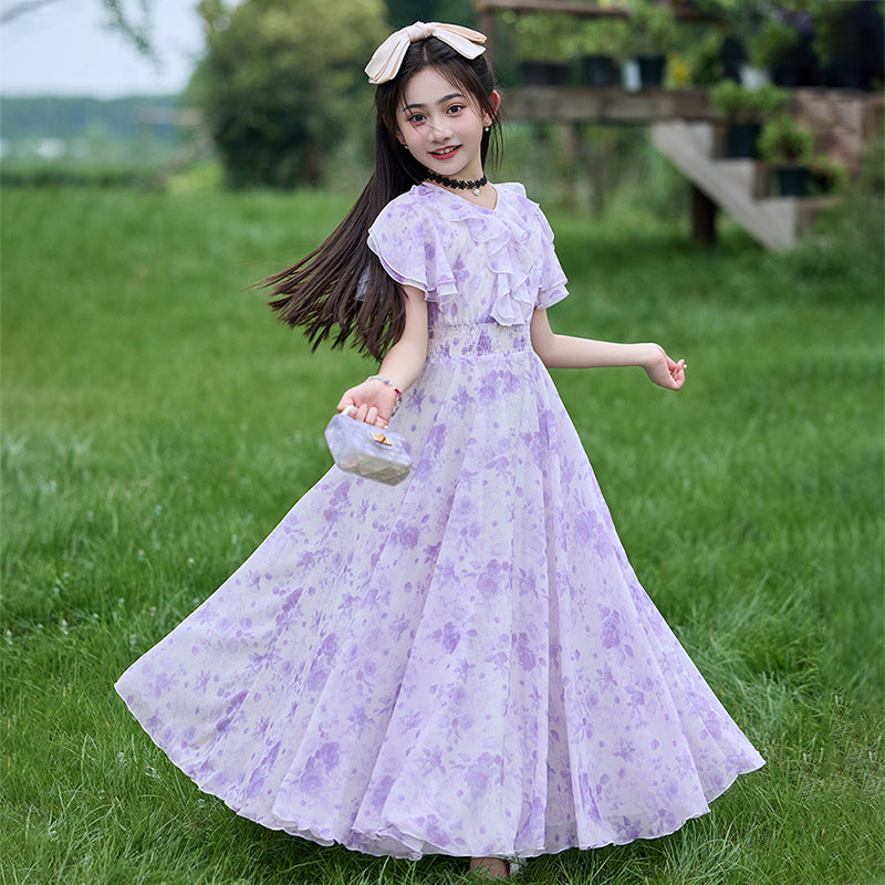 Summer Skirt Clothing Middle Big Fashionable Stylish Floral Children's Dress