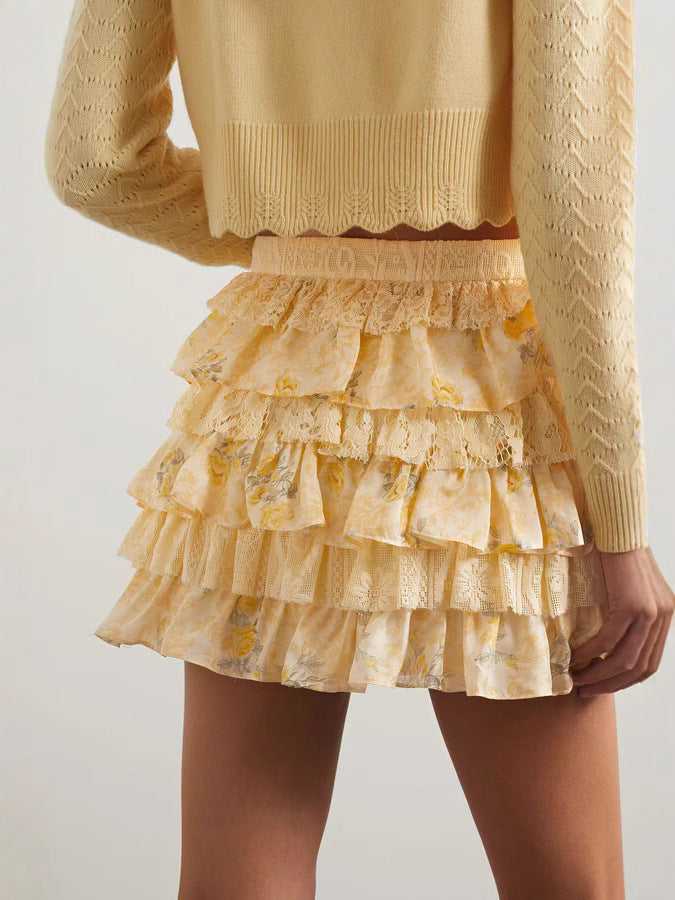 Women's Natural Plant Floral Print Lace Cake Skirt