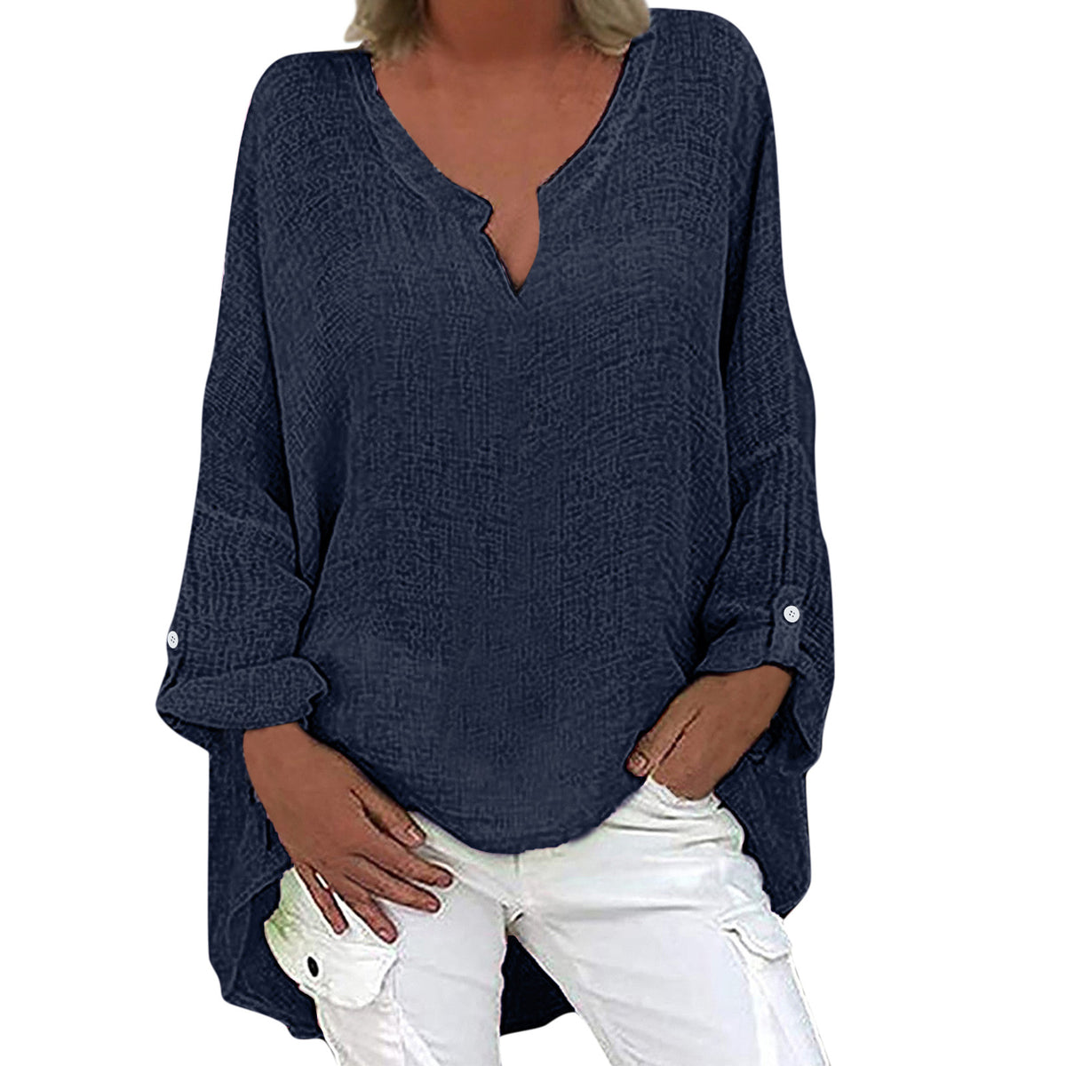 Women's Cotton Linen Long Sleeve Retractable Button Blouse