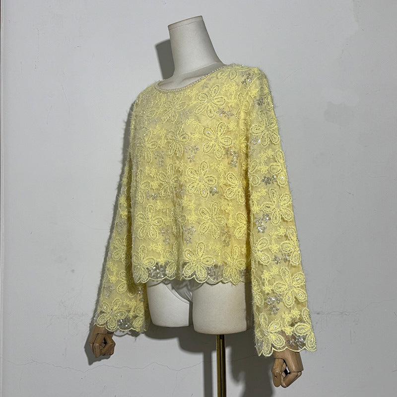 Women's Fashion Long Sleeve Flower Round Neck Stage Luxury Trendy Lace Shirt, Chiffon Shirt