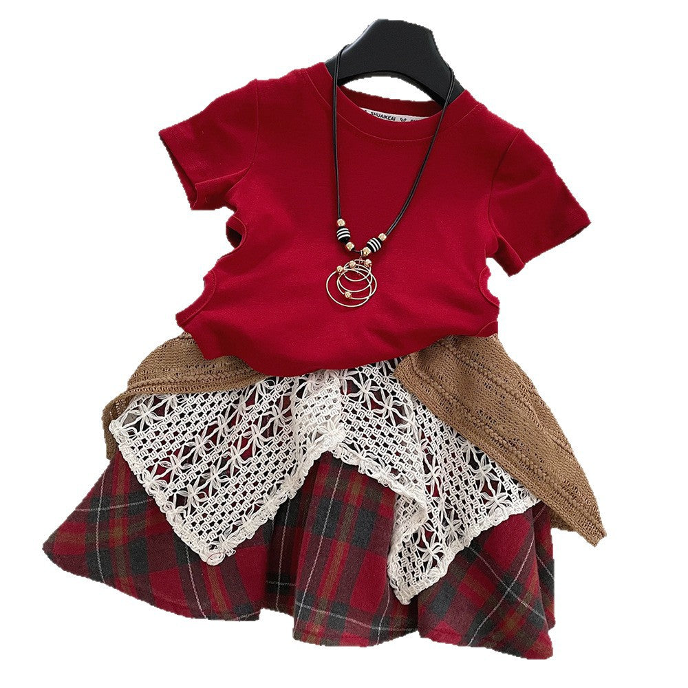 Summer Korean Fashionable Short-sleeved Ripped T-shirt Lace Plaid Skirt Children's Suit