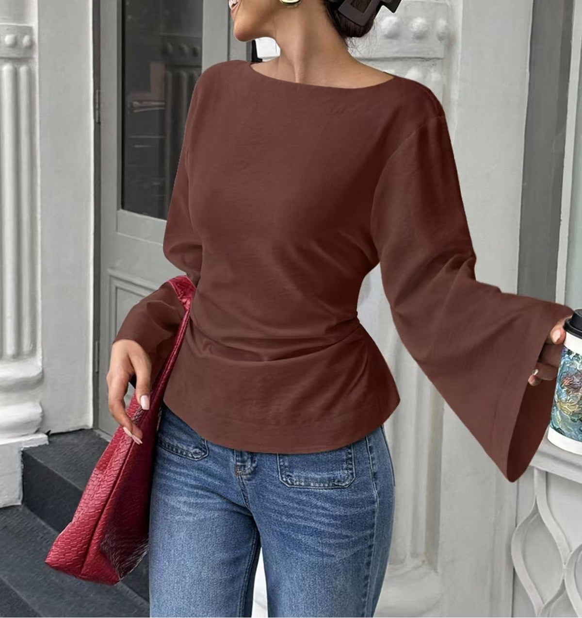 Casual Easy Matching Waisted Boat Neck Personality Street Trumpet Tops