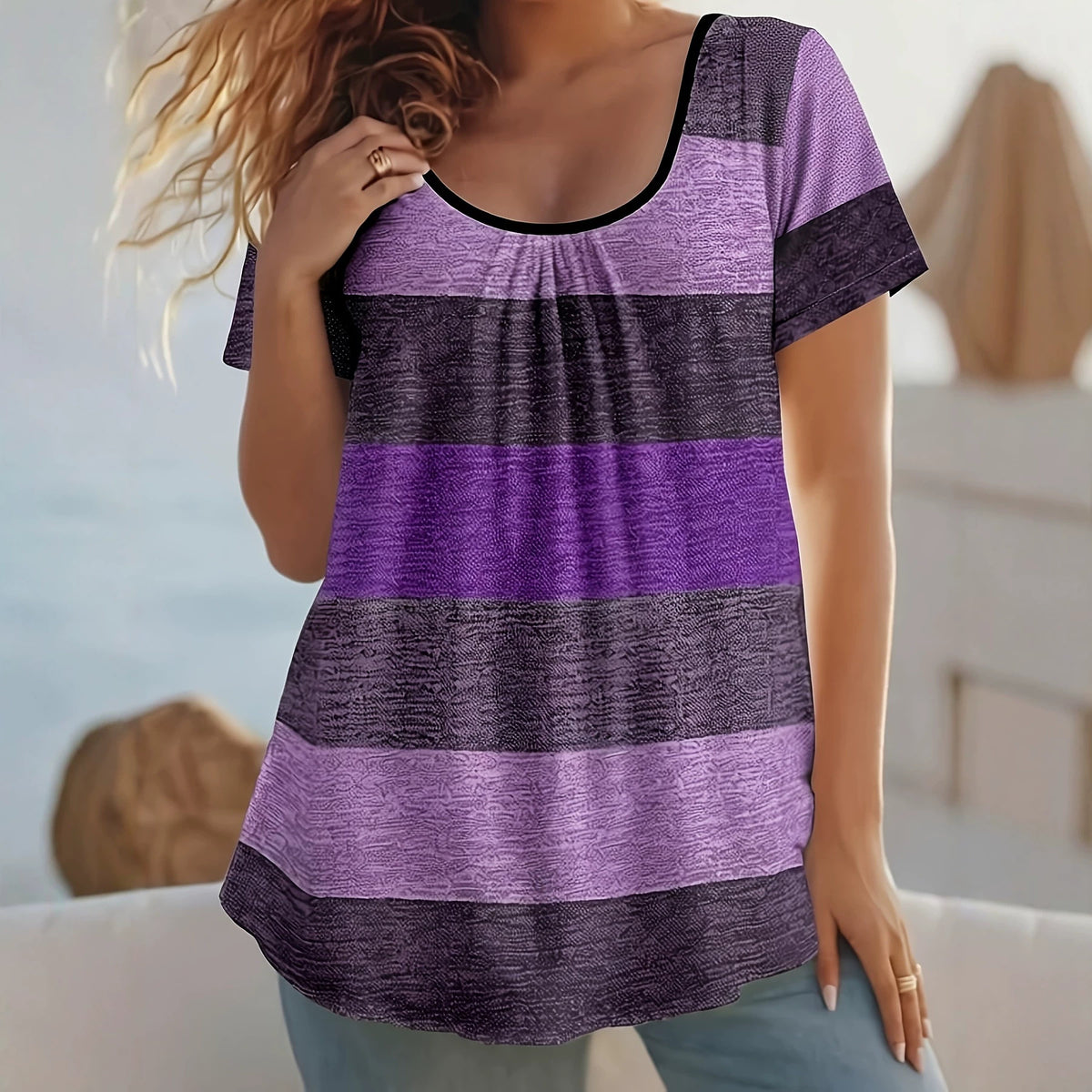 Women's Front Chest Pleated Elegant Sleeve Color Large Size T-shirt