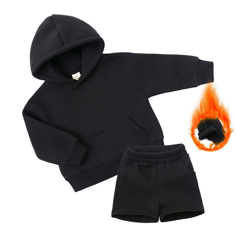 Children's Long-sleeved Sweater Shorts Two-piece Set Solid Color Boys Thickening Exercise Children's Suit