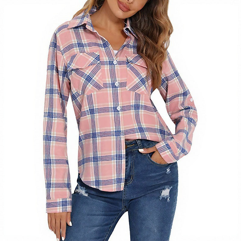 Women's Plaid Shirt Lapel Casual Fashion Double Pocket Long Blouse