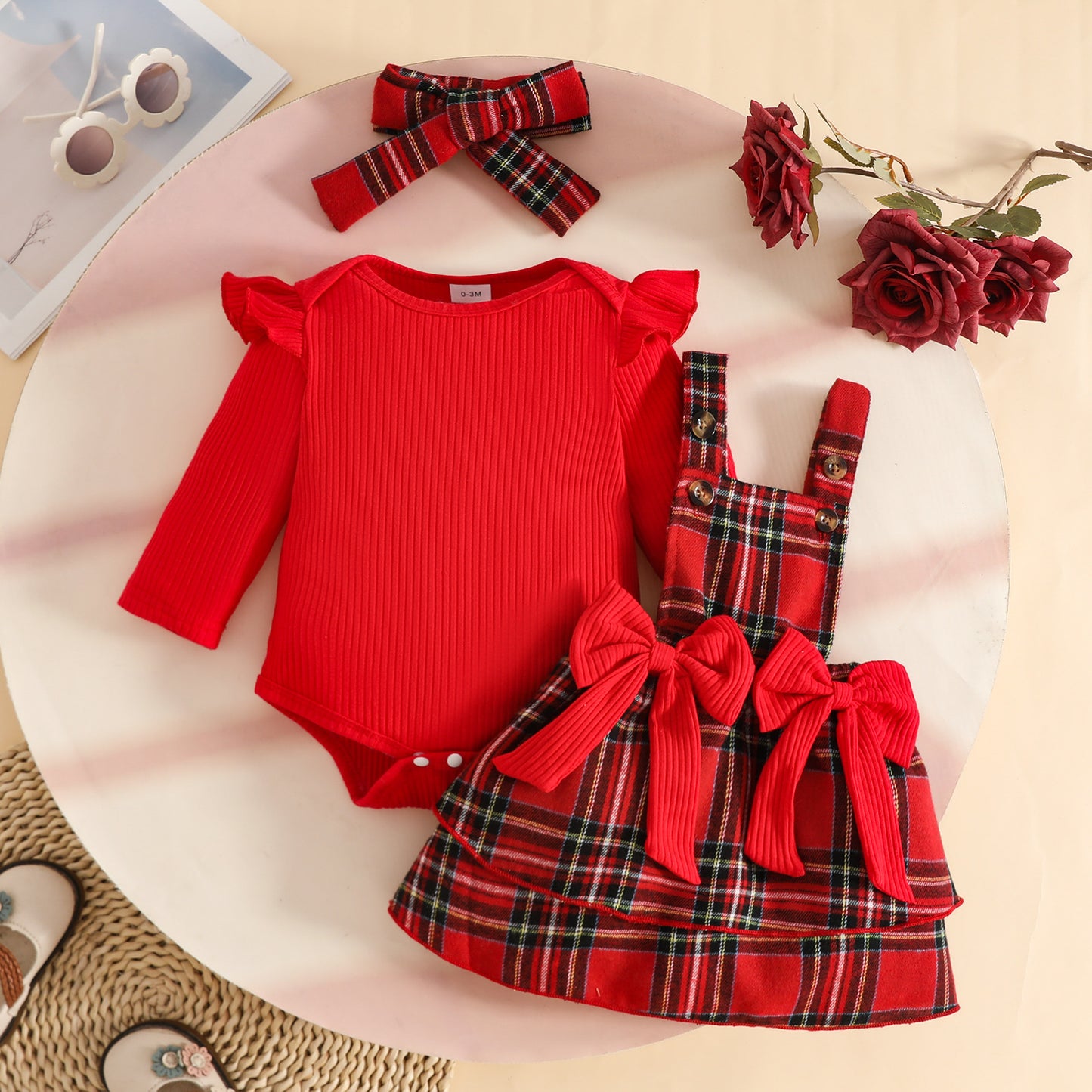 Stripe Long-sleeved Shirt Plaid Dress Hair Band Three-piece Children's Suit