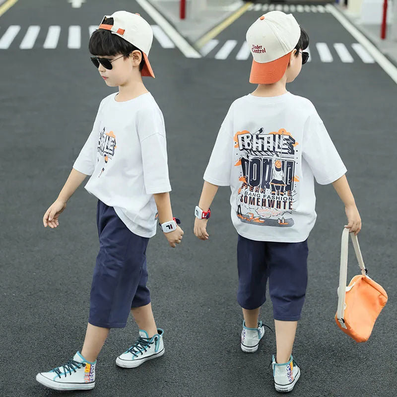 Children's Clothing Short-sleeved Summer Sports Medium Large Handsome Korean Style Fashionable Children's Suit