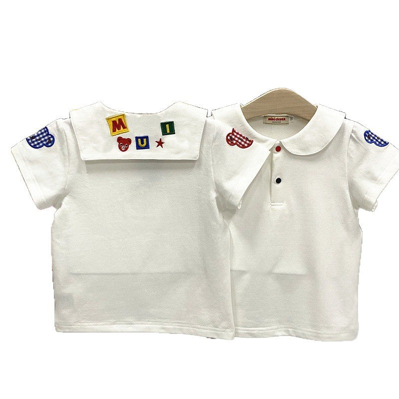 Children's Color Embroidery Peter Pan Collar College Style Children's T-shirt
