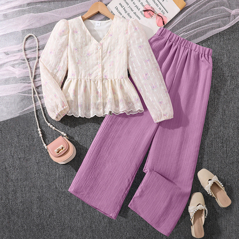 Children's Clothing Spring Fashion Sweet Temperament Lace Crocheted Long Sleeve Top Children's Suit
