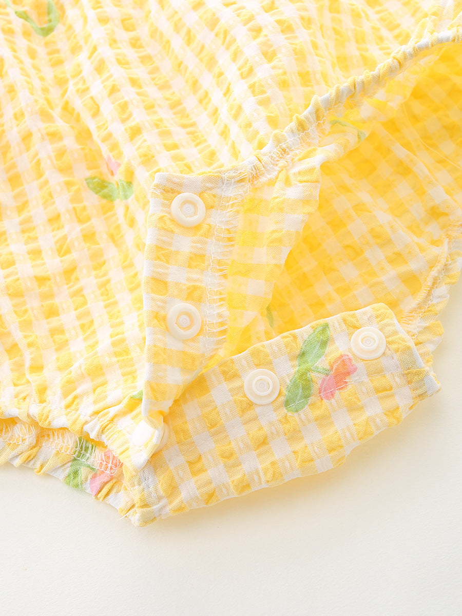 Give Birth Thin Bodysuit Plaid Triangle Rompers Flounced Sleeve Jumpsuit, Climbing Suit