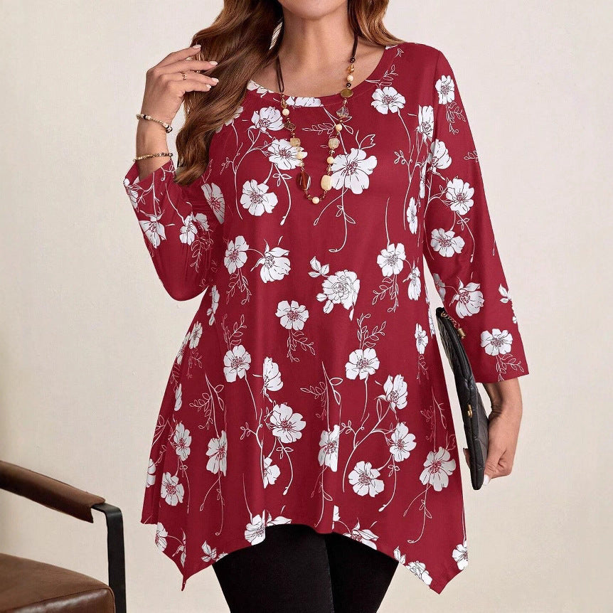 Women's Flower Print Round Neck Asymmetric Hem Long Sleeve Large Size T-shirt