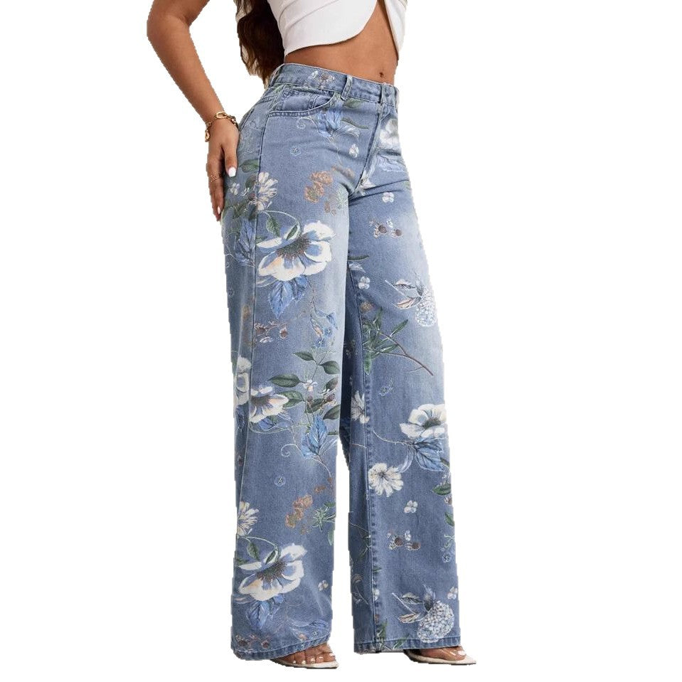 Women's Street Printed Autumn Fashion Style Loose Design Sense Mop Wide Women's Jeans