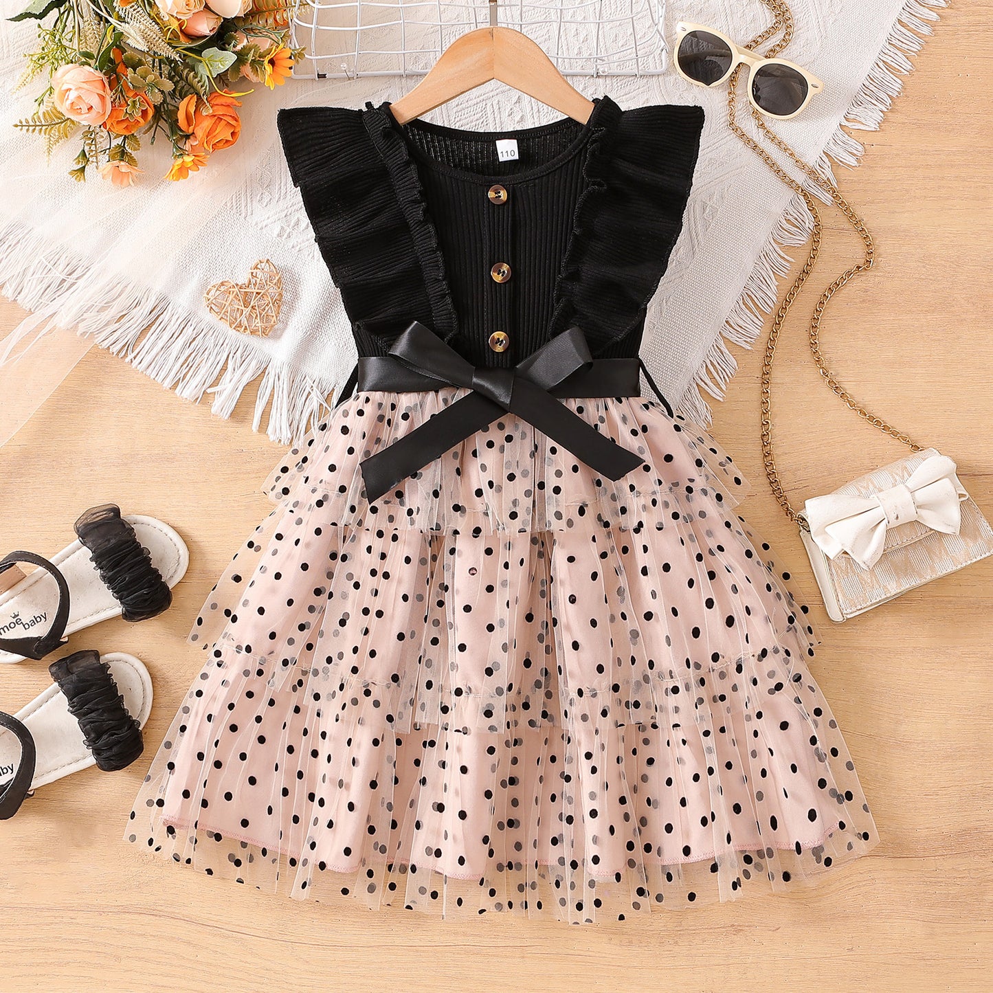Flying Sleeves Polka Dot Mesh Princess Western Net Yarn Children's Dress