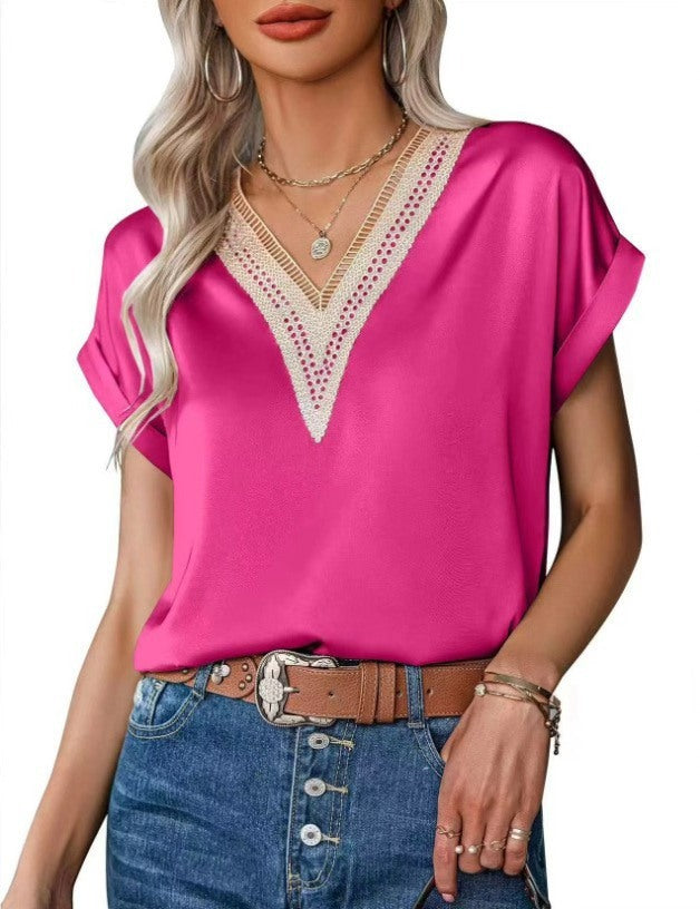 Women's Elegant Fashion Solid Color Lace Stitching Women's T-shirt