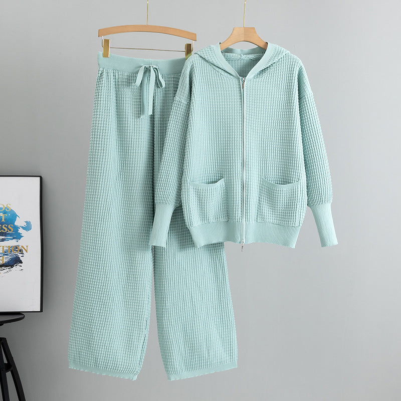 Women's Autumn Zipper Hooded Knitted Plaid Two-piece Clothing