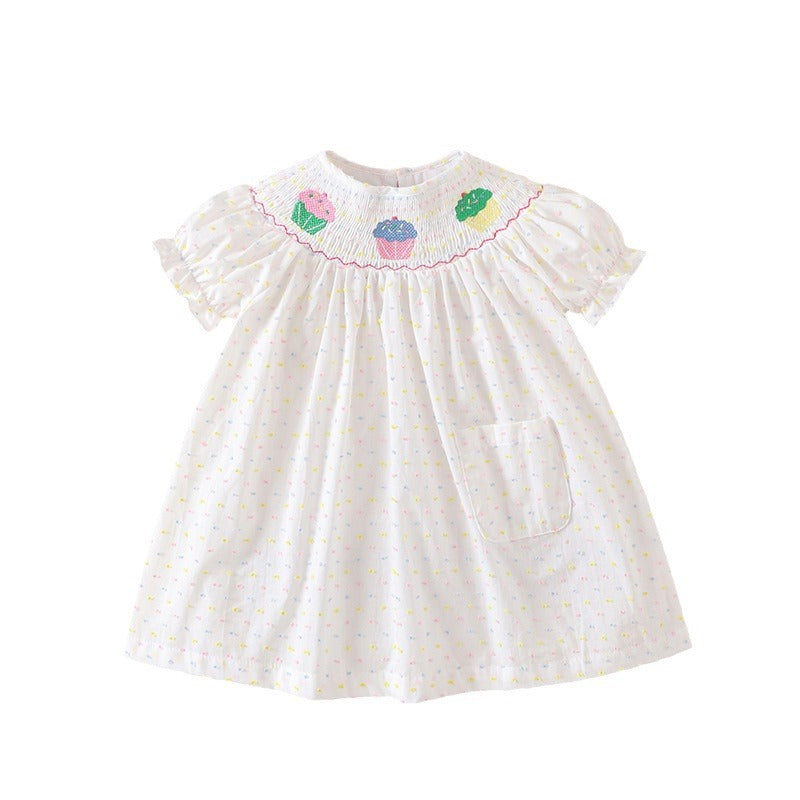 Summer Smocking Puff Sleeve Colorful Cotton Cake Embroidery Korean Children's Dress