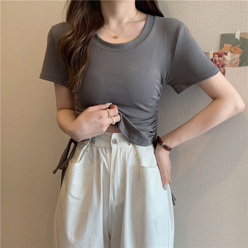 Women's Neck Drawstring Slimming Short-sleeved Design Sense Korean Slim Bottoming Shirt Women's T-shirt