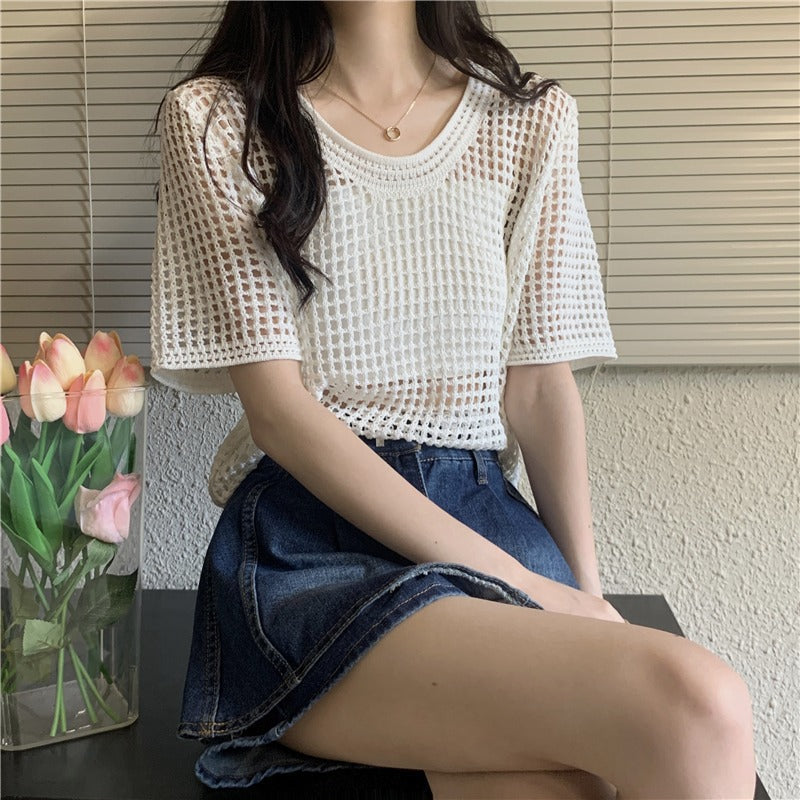 Women's Loose Sun Protection Shoulder Shirt Round Neck Mesh Hollow Women's T-shirt