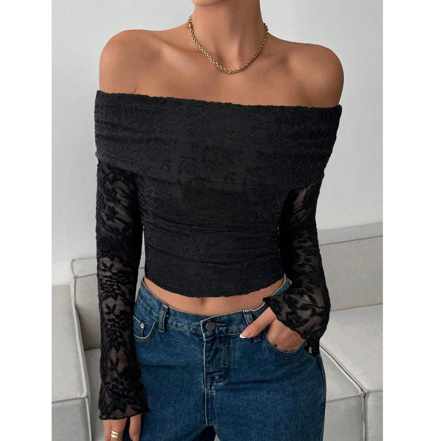 Women's Flower Long Sleeve Backless Versatile Slimming Lace Shirt, Chiffon Shirt