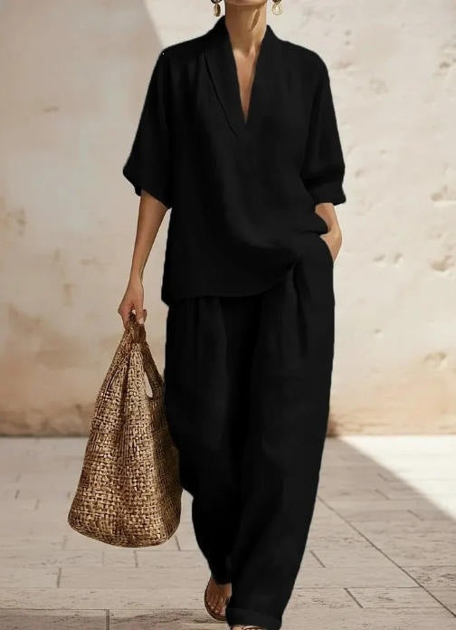 Women's Solid Color Comfortable Minimalist Linen Two-piece Fashion Casual Suit