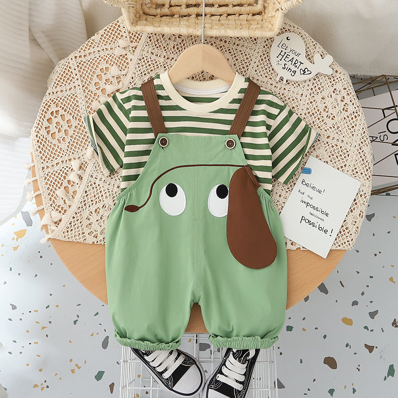 Set Korean Cartoon Striped Overall Short-sleeved Shorts Children's Suit