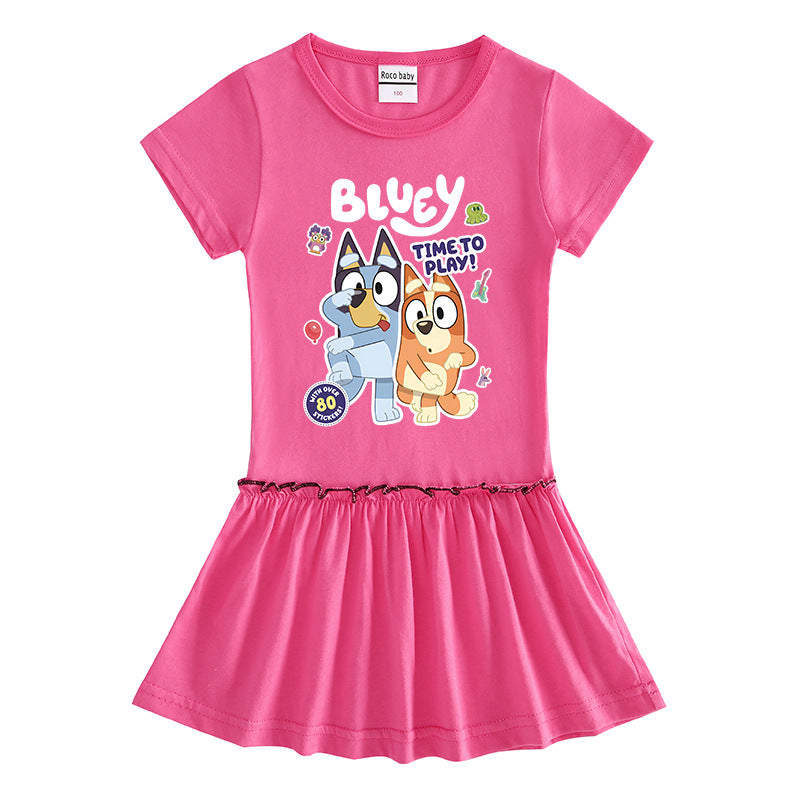 Children's Clothing Cartoon Half Sleeve Contrast Color Fashionable Pleated Children's Dress