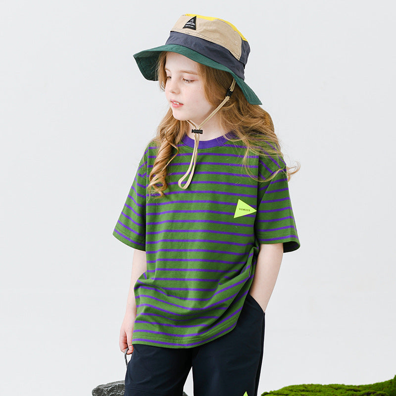 Mountain Contrast Color Striped Cotton Round Neck Children's T-shirt