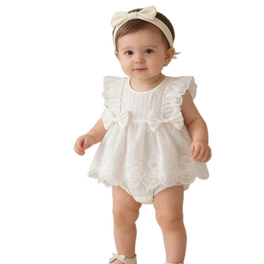 Lace Princess Style Romper Born White Bow Bloomer With Skirt Jumpsuit, Climbing Suit
