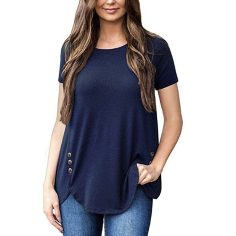 Women's Summer Sleeve Button Round Neck Women's T-shirt