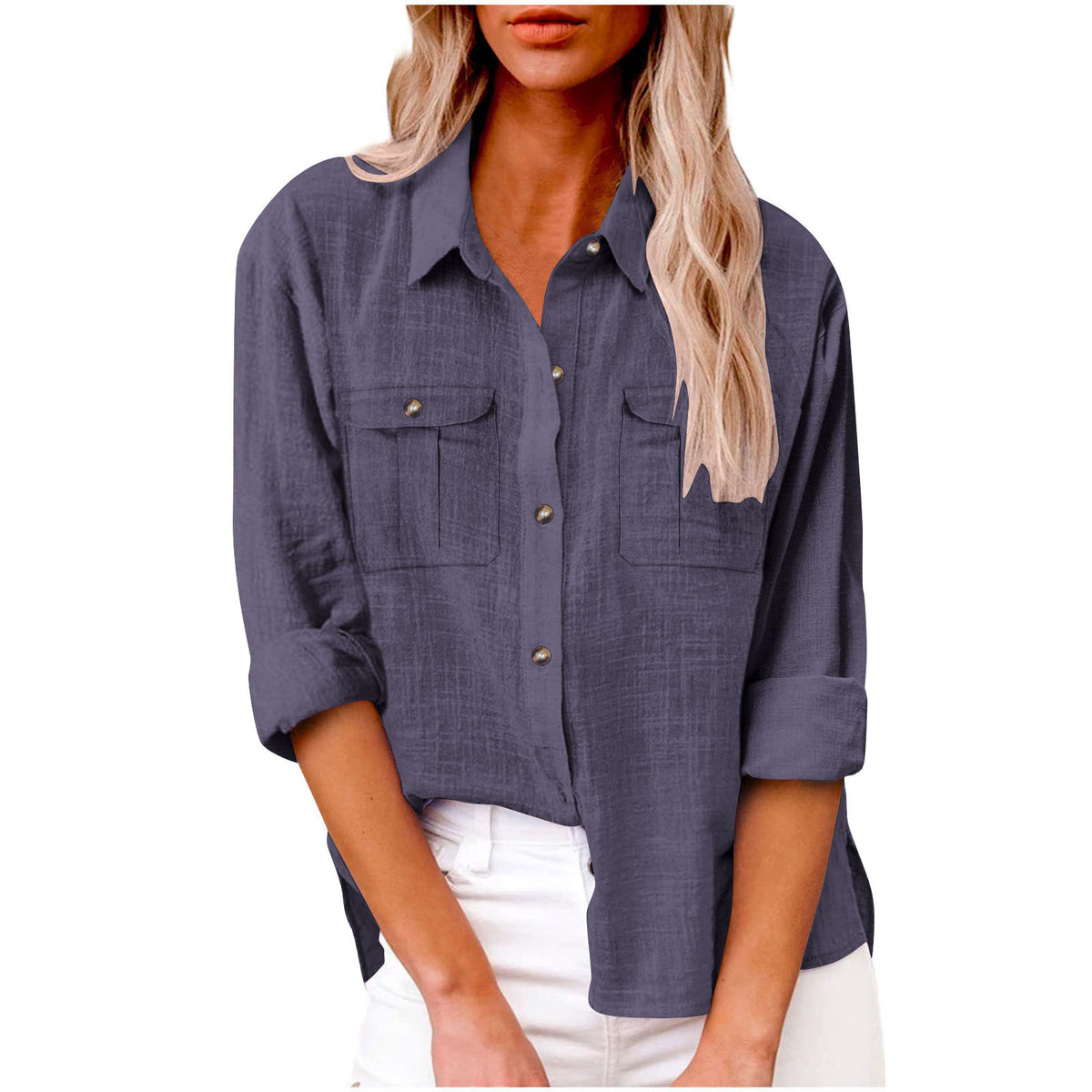 Women's Pocket Split Long Sleeve Cotton Linen Clothing