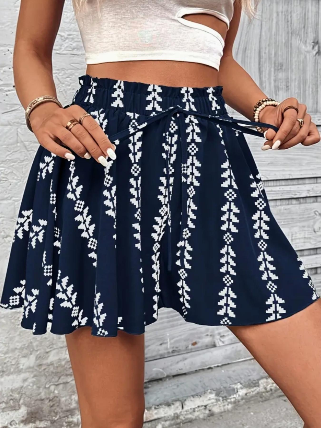 Women's High Waist A- Line Printed Lace Up Casual Slimming Skirt