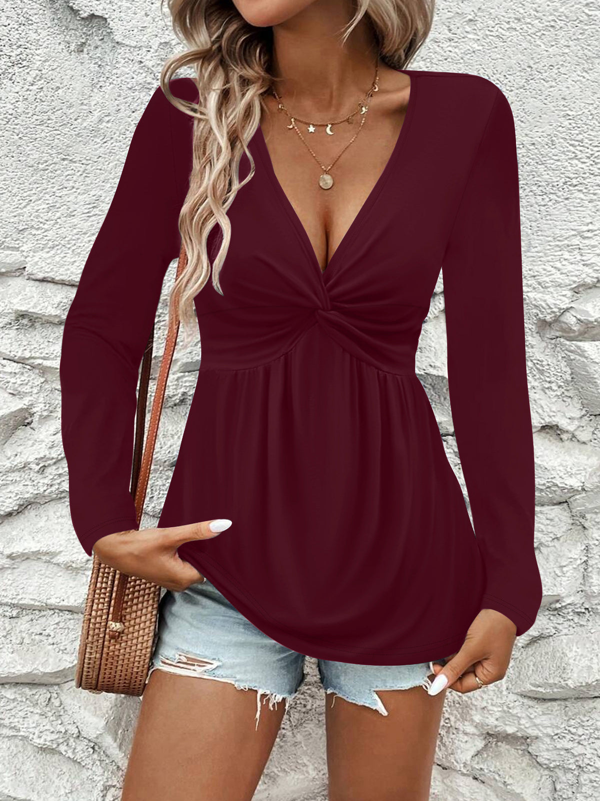 Women's Twist Solid Color Long Sleeve Women's T-shirt