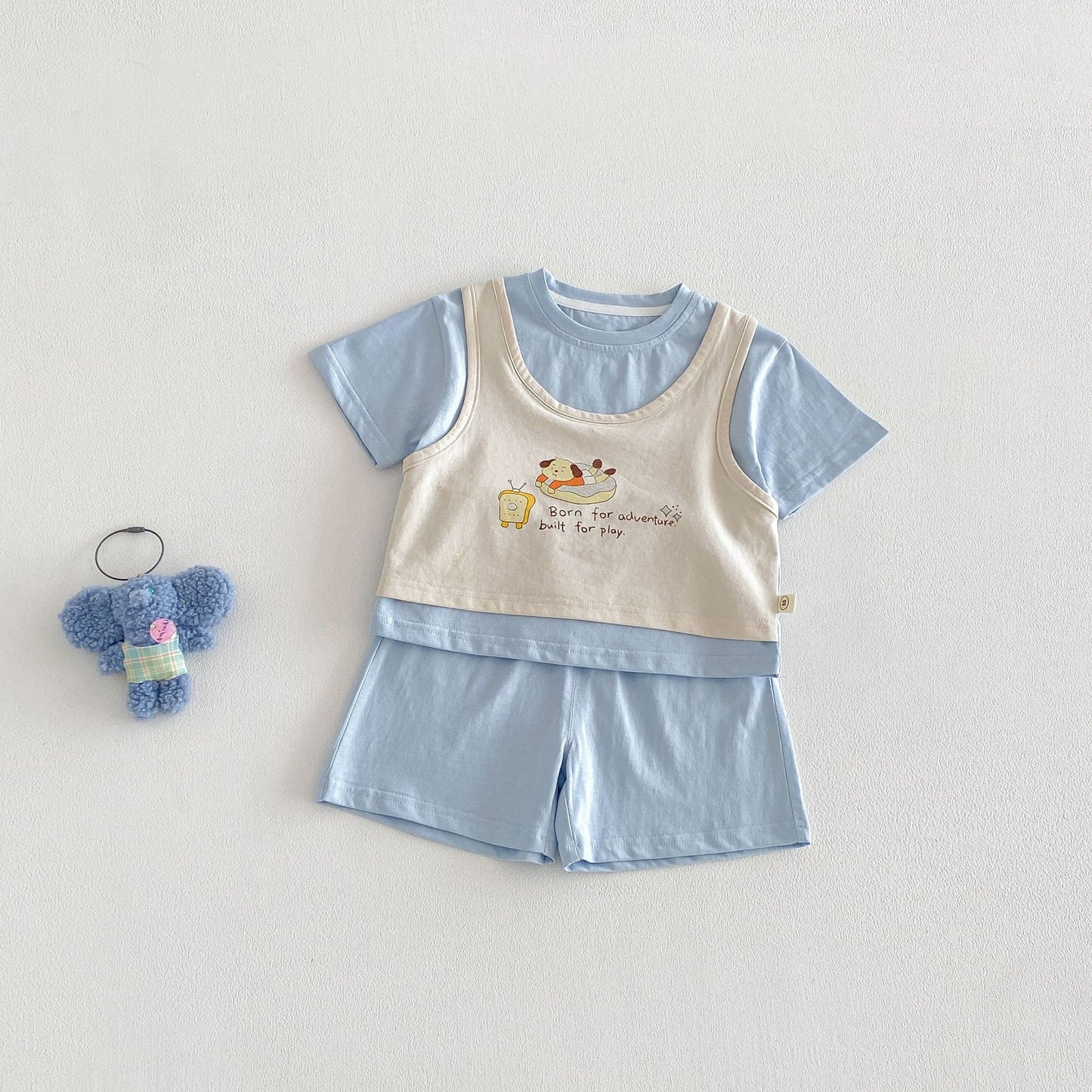 Children's Or Exchange Boy's Sportswear Summer Fake Two-piece Cartoon Printed T-shirt Children's Suit