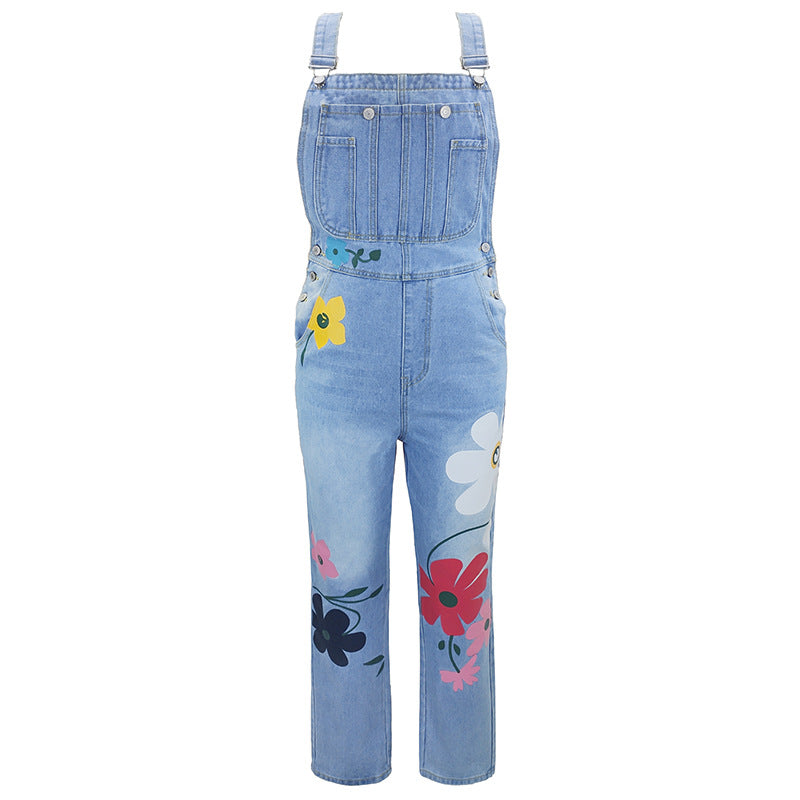 Women's Washed Cotton Polyester Printed Straight Bib Women's Jeans