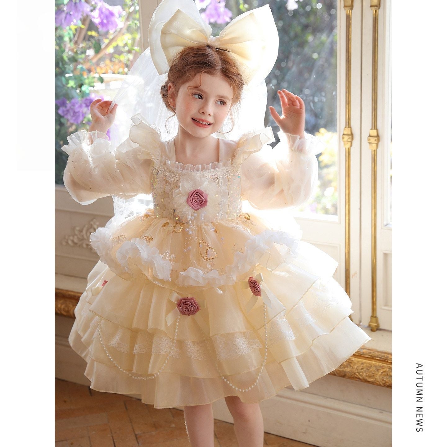 Children's Princess Long Sleeve Mesh Cake Rose Decorative Tulle Children's Dress