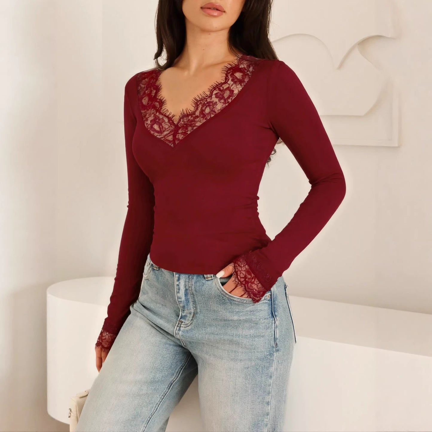 Women's Sexy Lace Patchwork Long Sleeve Tops