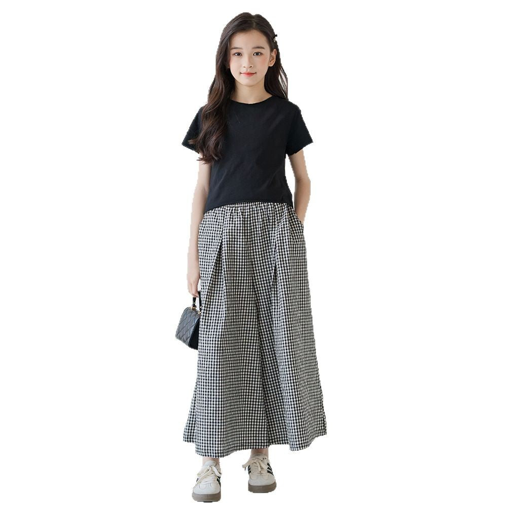 Trendy Tartan Skirt Blouse Pants Casual Short Top Two-piece Children's Suit