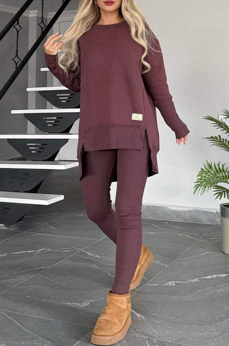 Women's Slit Long Sleeve Crew Neck Solid Color Fashion Casual Suit