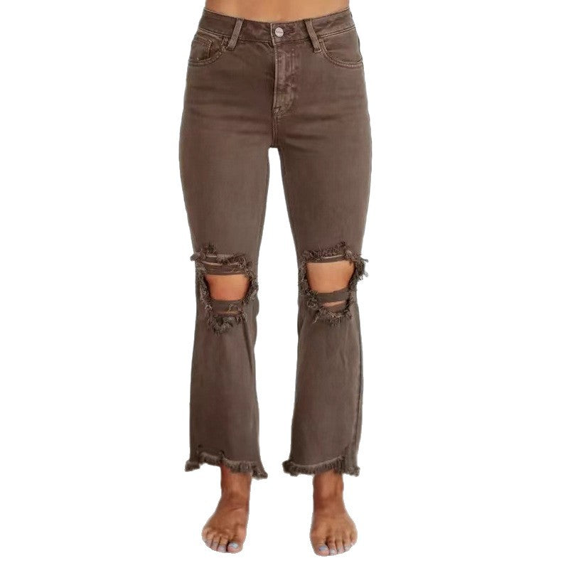 Women's Retro High Waist Skinny Knee Ripped Frayed Washed Street Women's Jeans