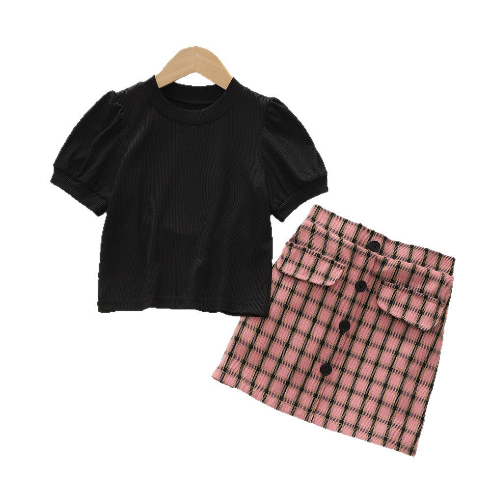 Children's Short-sleeved Shirt Plaid A- Line Dress Children's Suit