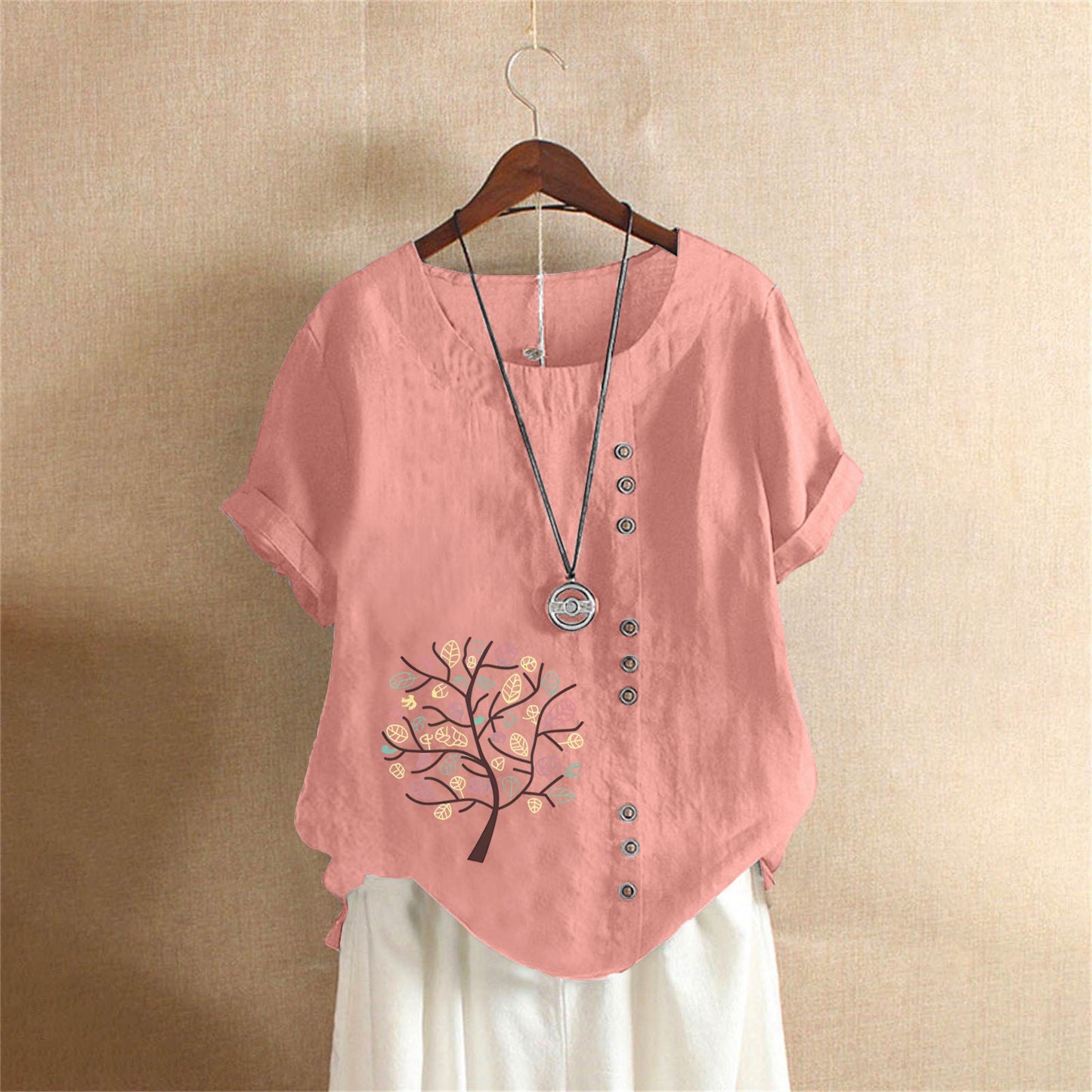 Women's Retro Large Casual Loose Cotton Linen Sleeve Pullover Happiness Women's T-shirt