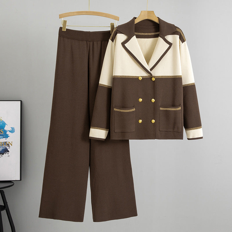 Women's Elegant Collar Double-breasted Knitted Wide Leg Two-piece Fashion Casual Suit
