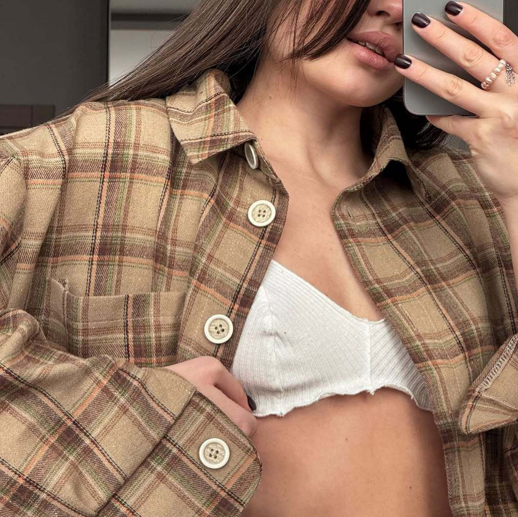 Lazy Design Niche Loose Plaid Long Sleeve Blouse