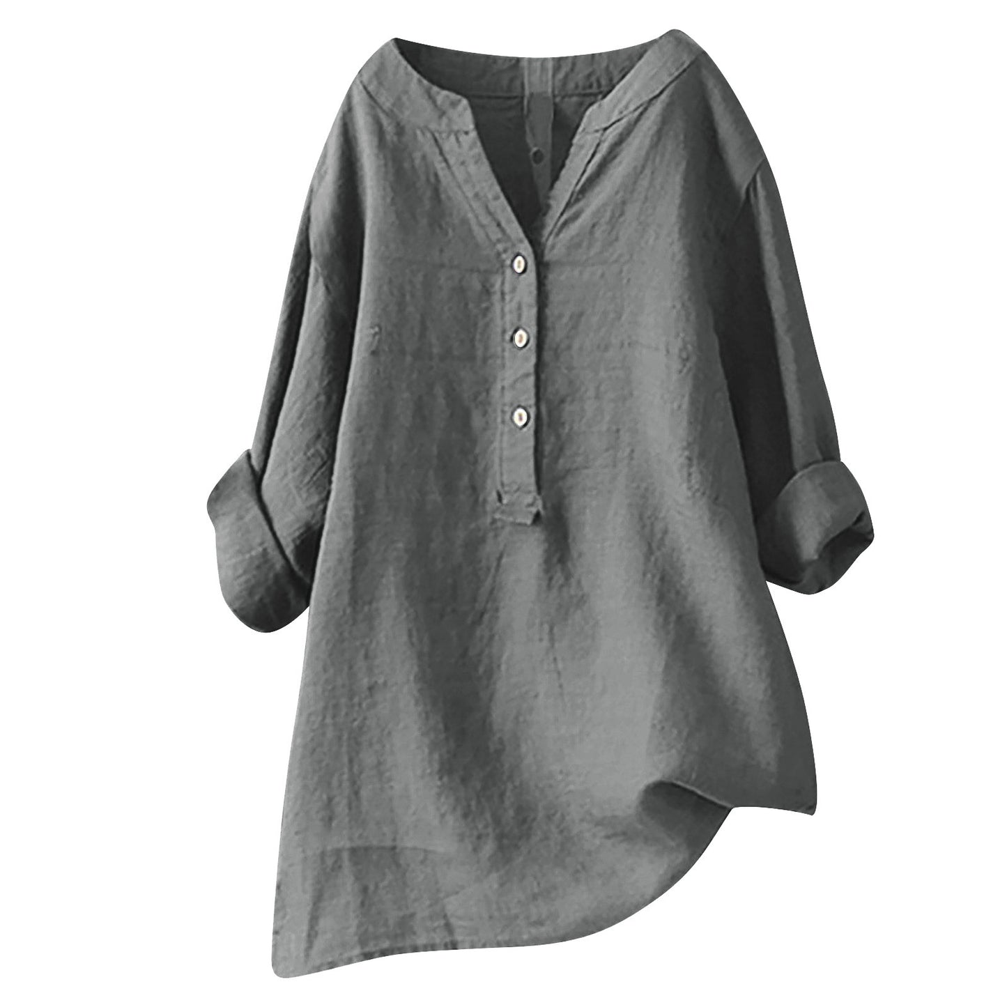 Women's Loose Solid Color Shirt Cotton Linen Pocket Long Blouse